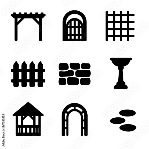 Garden Structure Icons. Solid, filled icon set of garden structures: pergola, arbor, trellis, garden fence, stone wall, birdbath,