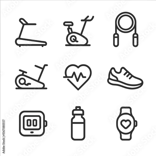 Cardio Fitness Icons. Outline icon set of cardio and endurance activities: treadmill, stationary bike, jump rope, rowing machine,