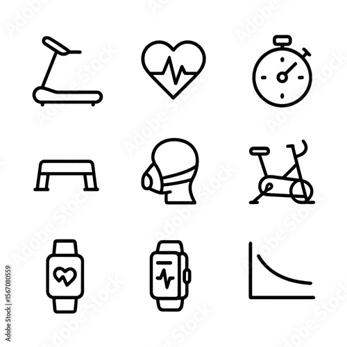 Cardio Fitness Icons. Outline icon set of cardiovascular fitness tests: treadmill, heart rate monitor, stopwatch, pulse oximeter,