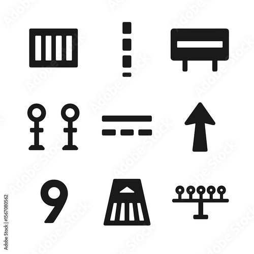 Runway & Taxiway Icons. Solid, Filled icon set of runway & taxiway markings: runway threshold, centerline stripe, taxiway sign,