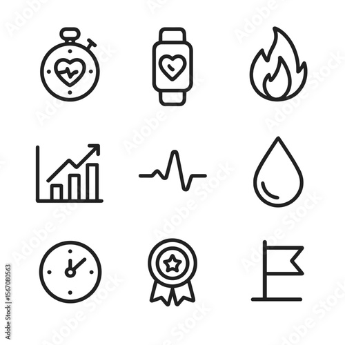 Cardio Metrics Icons. Outline icon set of cardio tracking and metrics: stopwatch with heartbeat, fitness tracker watch, calorie