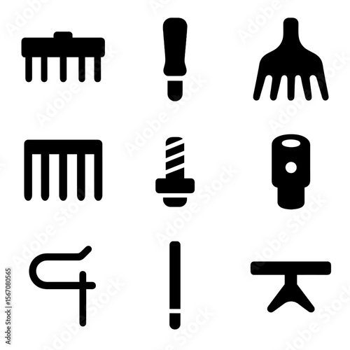 Garden Tool Icons. Solid, filled icon set of garden tool components: rake head, handle grip, metal tines, plastic tines,
