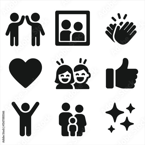 Family Fun Icons. Solid, filled icon set of fun family moments: high-five, group photo frame, clapping hands, heart symbol, shared