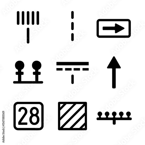 Runway Markings Icons. Flat icon set of runway & taxiway markings: runway threshold, centerline stripe, taxiway sign, edge lights,