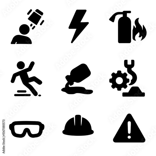 Workplace Hazards Icons. Solid, filled icon set of workplace hazards: falling objects, electrical shock, fire extinguisher,