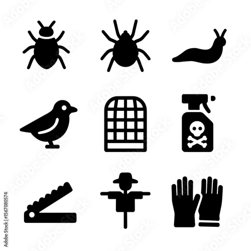 Garden Pest Icons. Solid, filled icon set of garden pests and protection: aphid, spider mite, slug, bird, netting, pesticide spray