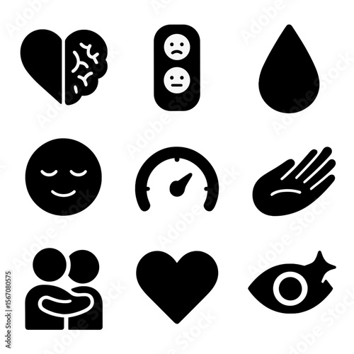 Emotional Icons Grid. Solid, filled icon set of emotional well-being: heart and brain, mood meter, teardrop, calm face, emotional