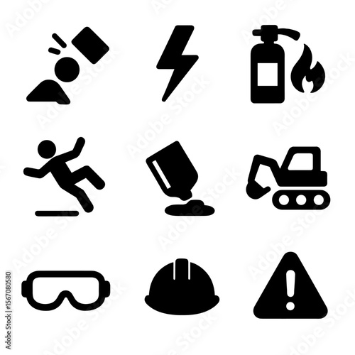 Workplace Hazards Icons. Solid, filled icon set of workplace hazards: falling objects, electrical shock, fire extinguisher,