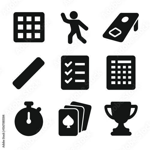 Family Game Icons. Solid, filled icon set of games at family gatherings: bingo card, charades icon, bean bag toss, relay baton,