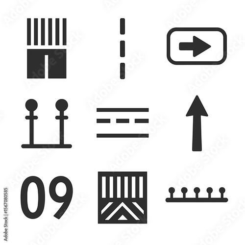 Runway Markings Icons. Flat icon set of runway & taxiway markings: runway threshold, centerline stripe, taxiway sign, edge lights,