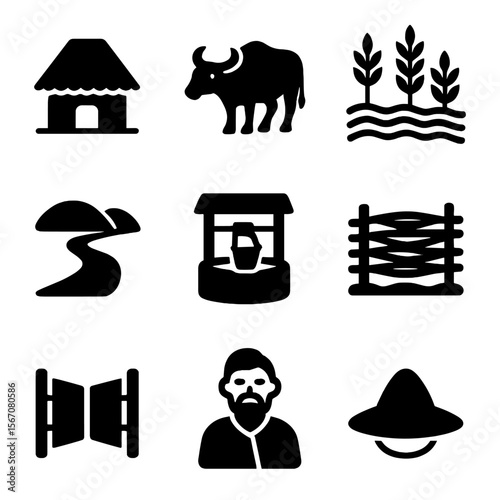 Rural Village Icon Set. Solid, Filled icon set of rural village tours: thatched hut, water buffalo, rice paddy, footpath,