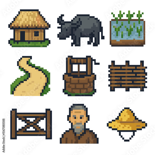 Rural Village Icons. Pixel art icon set of rural village tours: thatched hut, water buffalo, rice paddy, footpath, community well,