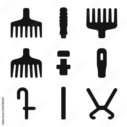 Garden Tool Icons. Solid, filled icon set of garden tool components: rake head, handle grip, metal tines, plastic tines,