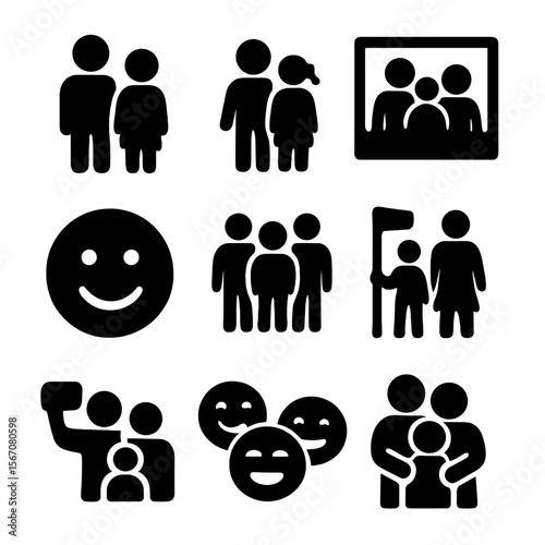 Family Icon Grid. Solid, filled icon set of family photo moments: parents, children, family portrait, smile, group photo, family