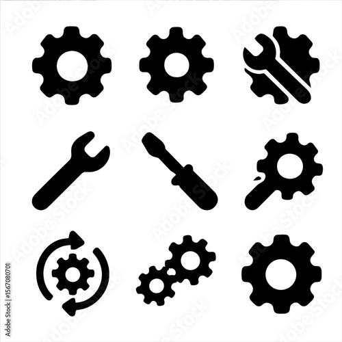 Gear Icon Set. Solid, filled icon set of gear: gear wheel, gear teeth, cog, rotating gear, wrench, screwdriver, spanner,