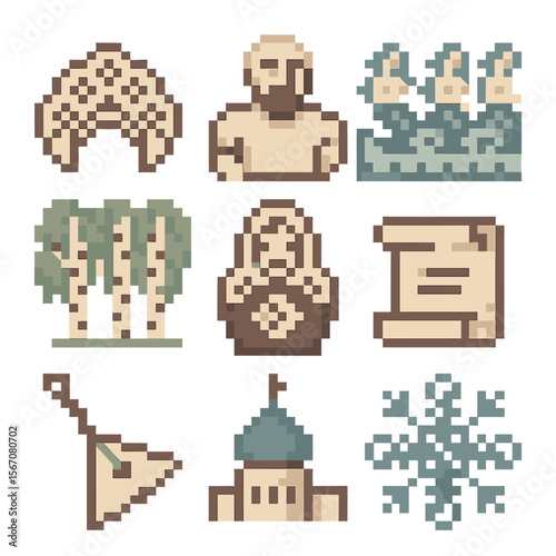 Russian Motif Icon Grid. Pixel art icon set of traditional Russian motifs around Dobrynya: kokoshnik pattern, rusalki wave, birch