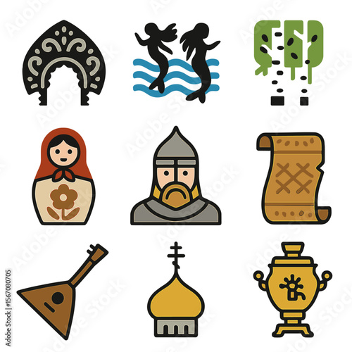 Russian Motif Icons Grid. Flat icon set of traditional Russian motifs around Dobrynya: kokoshnik pattern, rusalki wave, birch tree