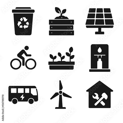 Zero Waste City Icons. Solid, filled icon set of zero waste city infrastructure: recycling bin, compost station, solar panel, bike