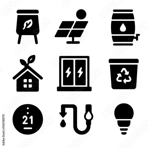 Zero Waste Icons. Solid, filled icon set of zero waste housing features: compost bin, solar panels, rain barrel, green roof,