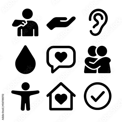 Emotional Support Icons. Solid, filled icon set of emotional support icons: shoulder pat, comforting hand, listening ear, tear