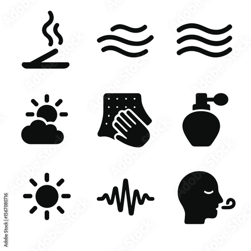 Zen Sensory Icons. Solid, filled icon set of zen sensory elements: incense smoke, soft breeze, flowing water, gentle light,