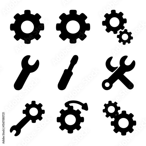 Gear Icon Set. Solid, filled icon set of gear: gear wheel, gear teeth, cog, rotating gear, wrench, screwdriver, spanner,