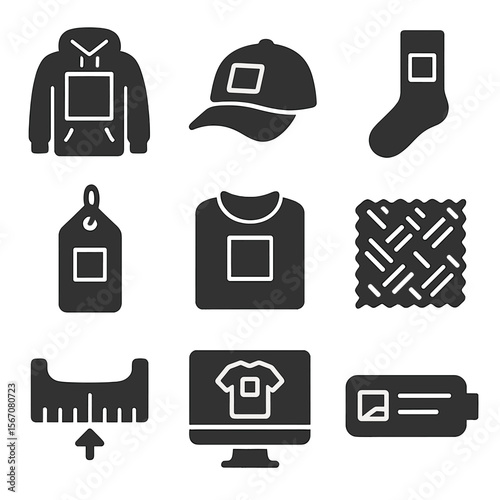 Custom Apparel Icons. Solid, filled icons set of custom apparel printing: hoodie icon, cap print, sock print,