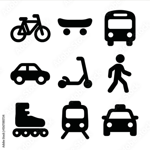 Youth Transport Icons. Solid, filled icon set of youth transportation: bicycle, skateboard, bus, car, scooter, walking,
