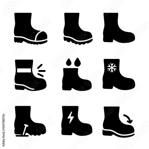 Safety Boot Icons. Solid, Filled icon set of boot safety features: steel toe, slip-resistant sole, ankle support, reflective strip