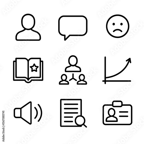 Character Development Icons. Outline icon set of character development and dialogue: character silhouette, dialogue bubble,