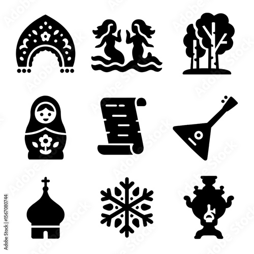 Russian Icon Set. Solid, Filled icon set of traditional Russian motifs around Dobrynya: kokoshnik pattern, rusalki wave, birch
