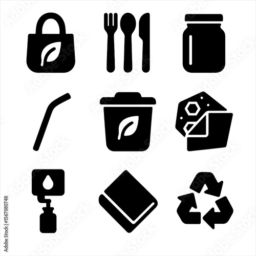 Zero Waste Icons. Solid, filled icon set of zero waste lifestyle: reusable bag, bamboo utensils, glass jar, metal straw, compost