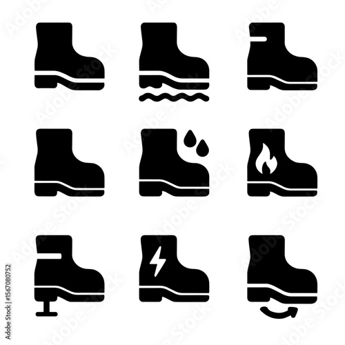 Safety Boot Icons. Solid, Filled icon set of boot safety features: steel toe, slip-resistant sole, ankle support, reflective strip