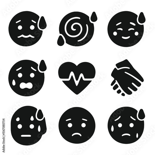 Emotional Sweating Icons. Solid, filled icon set of emotional sweating: nervous face, anxiety symbol, blush, cold sweat, stress