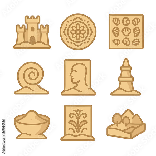 Sand Art Icons. Flat icon set of sand art & sculpture: sand castle, sand mandala, shell mosaic, sand spiral, sand portrait, sand