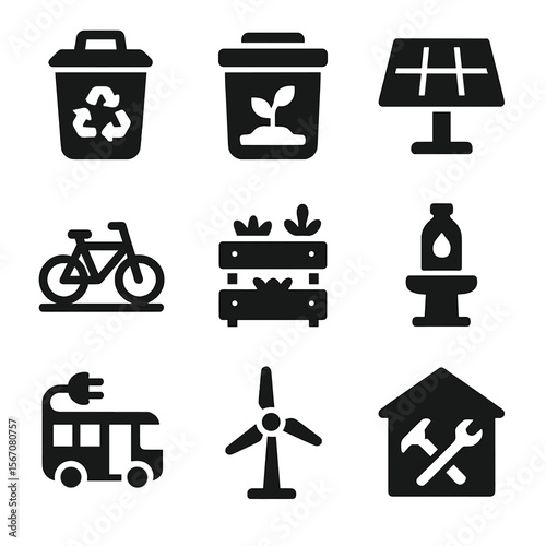 Zero Waste City Icons. Solid, filled icon set of meal preparation mindfulness: chopping board, knife, cooking pot, stirring spoon,
