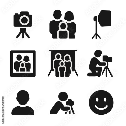 Family Photo Icon Set. Solid, filled icon set of family photo shoot: camera, tripod, posing, lighting, photo frame, family members