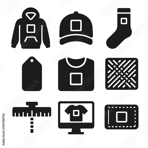 Custom Apparel Icons. Solid, filled icons set of custom apparel printing: hoodie icon, cap print, sock print,