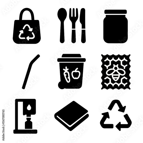 Zero Waste Icons. Solid, filled icon set of zero waste lifestyle: reusable bag, bamboo utensils, glass jar, metal straw, compost