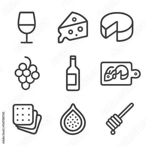 Cheese and Wine Icons. Outline icon set of cheese and wine pairings: wine glass, cheese wedge, cheese wheel, grapes bunch, wine