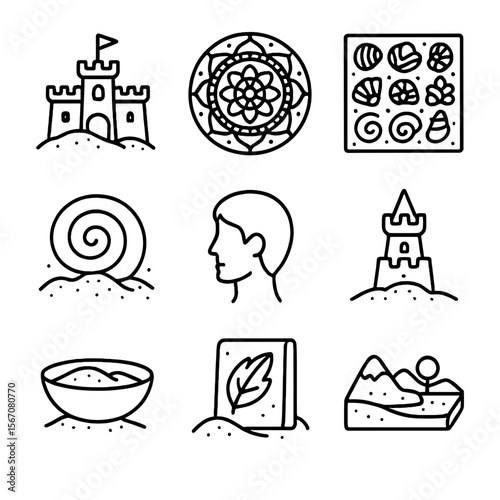 Sand Art Icon Set. Outline icon set of sand art & sculpture: sand castle, sand mandala, shell mosaic, sand spiral, sand portrait,