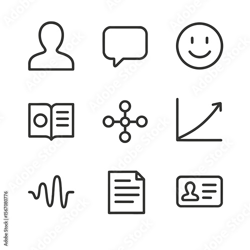 Character Development Icons. Outline icon set of character development and dialogue: character silhouette, dialogue bubble,