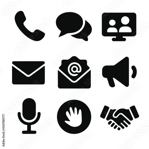 Generational Communication Icons. Solid, filled icon set of communication between generations: phone call, chat bubbles, video