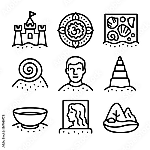 Sand Art Icon Set. Outline icon set of sand art & sculpture: sand castle, sand mandala, shell mosaic, sand spiral, sand portrait,