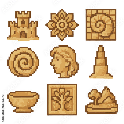 Sand Art Icons. Pixel art icon set of sand art & sculpture: sand castle, sand mandala, shell mosaic, sand spiral, sand portrait,