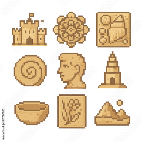 Sand Art Icons. Pixel art icon set of sand art & sculpture: sand castle, sand mandala, shell mosaic, sand spiral, sand portrait,