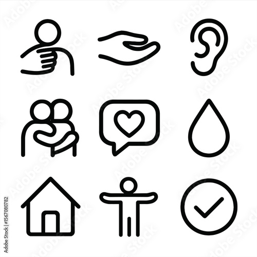 Emotional Support Icons. Solid, filled icon set of emotional support icons: shoulder pat, comforting hand, listening ear, tear