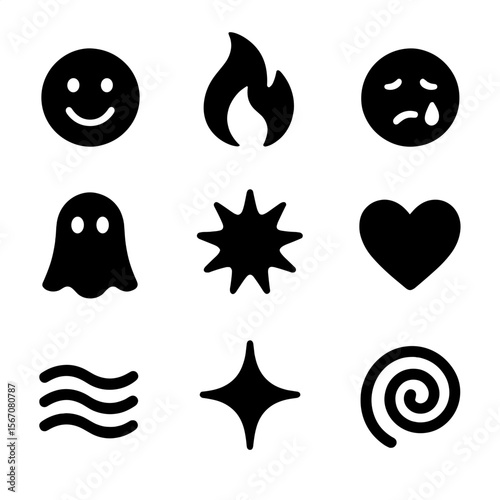 Emotions Icon Grid. Solid, filled icon set of emotions and feelings: joy smile, anger flame, sadness tear, fear shadow, surprise