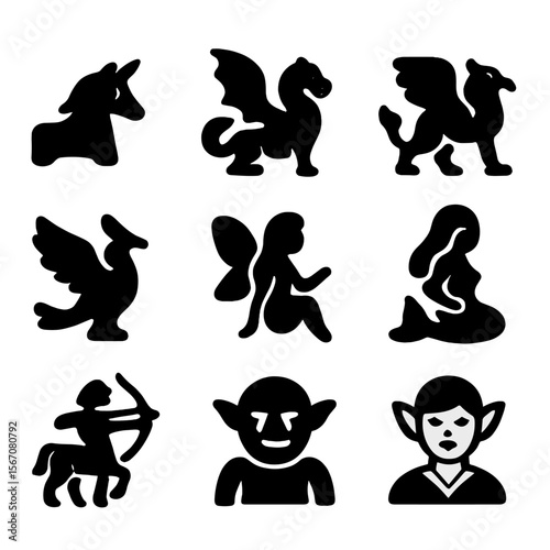 Fantasy Creature Icons. Solid, filled icon set of fantasy creatures: unicorn, dragon, griffin, phoenix, fairy, mermaid, centaur,
