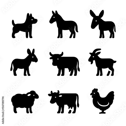 Farm Animal Icons. Solid, filled icon set of Farm animal helpers: dog, horse, mule, donkey, ox, goat, sheep, cow, chicken. Line
